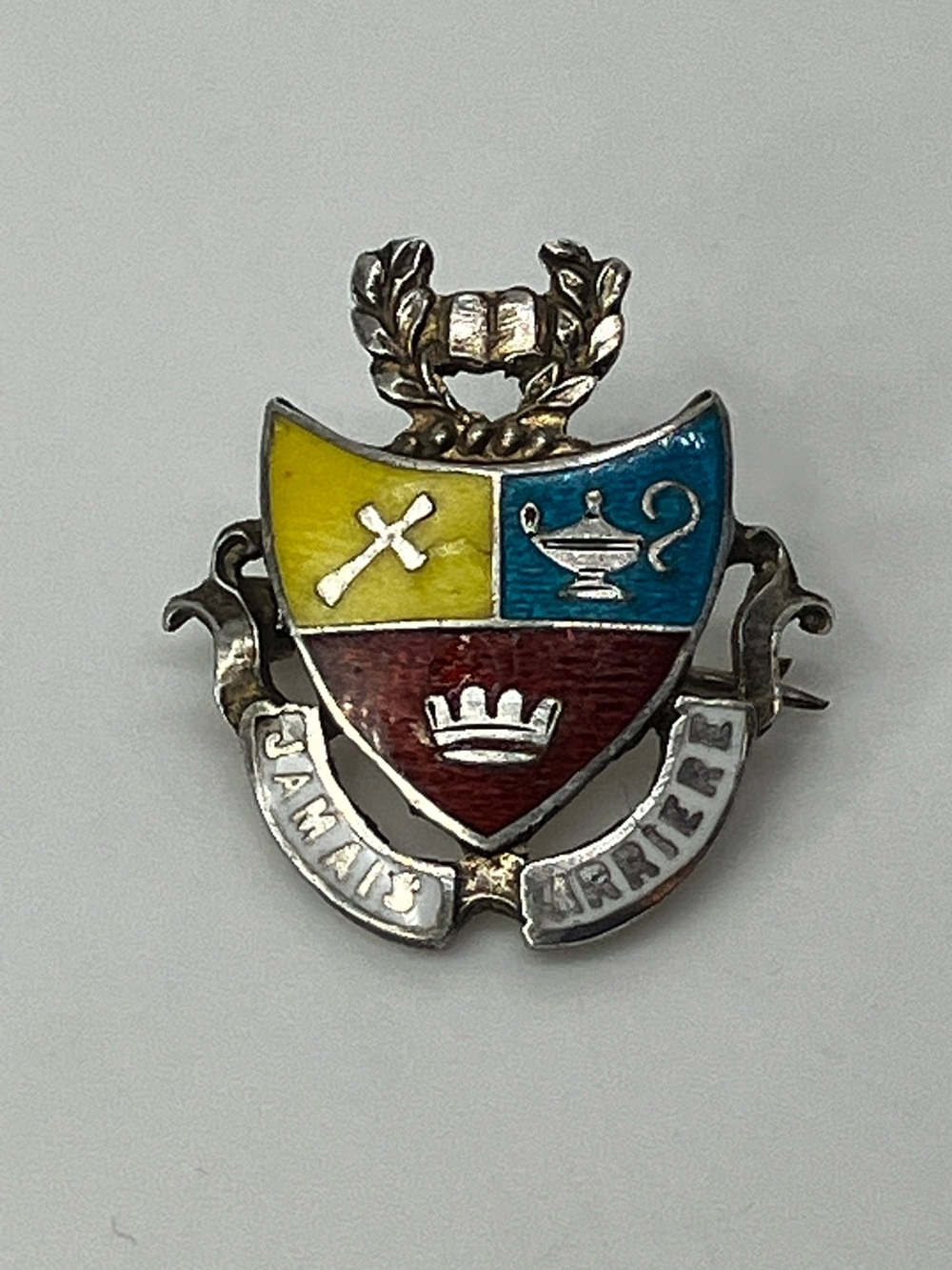 Antique Sterling Silver Enamel Jamais Arriere Fine Arts 1902 School Pin Brooch